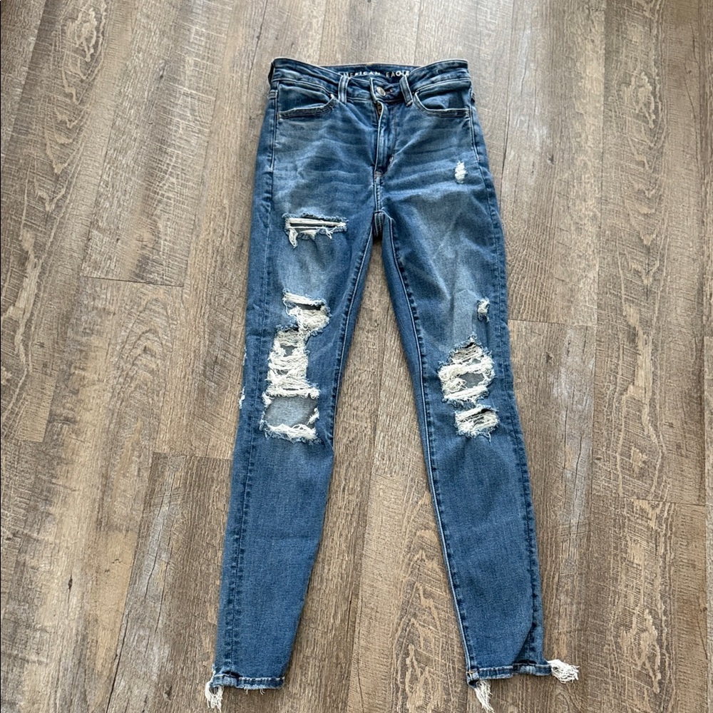 American Eagle Outfitters Ripped Blue Skinny Super Stretch Jeans